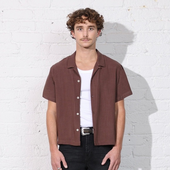 Pool House New York Rosewood Crop Button Up Shirt Mens Size Large XL Brown Remix - Picture 7 of 12